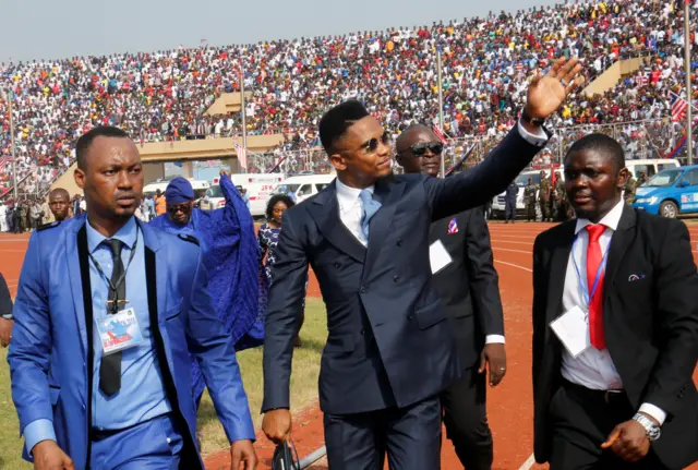 Cameroon international soccer player Samuel Eto'o arrives for Liberia's new President George Weah swearing-in ceremony at the Samuel Kanyon Doe Sports Complex in Monrovia, Liberia, January 22, 2018.