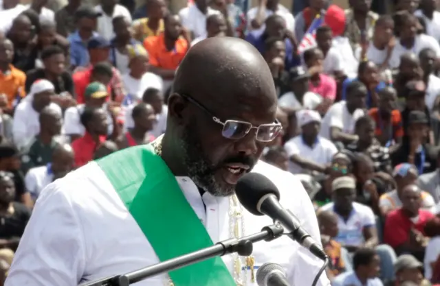 George Weah speaks during his swearing-in ceremony at the Samuel Kanyon Doe Sports Complex in Monrovia, Liberia, January 22, 2018.