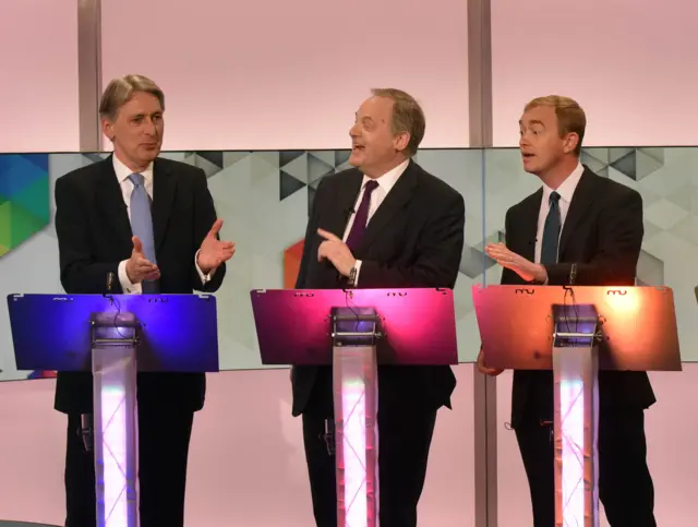 William Dartmouth (centre) debates with Philip Hammond and and Tim Farron in 2015