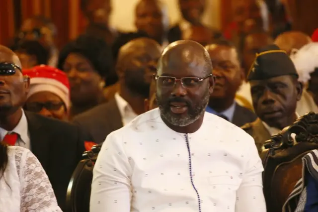 George Weah (C), attends an intercessory prayer service at the Cemtennial Memorial Pavilion in Monrovia, as part of events marking the official inauguration ceremony of president elect, George Weah, in Monrovia, Liberia, 21 January 2018.