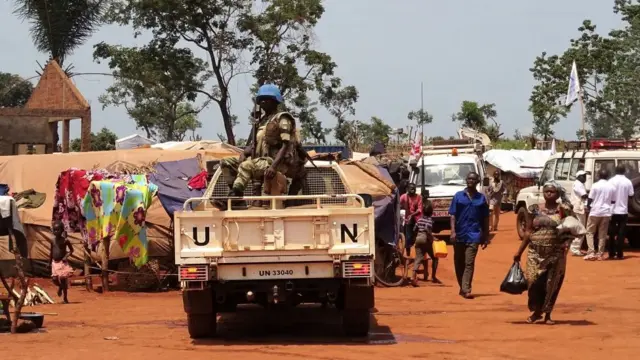 UN peacekeepers pictured in June 2017 in Bria, north of Bangassou, CAR