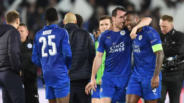 Leicester celebrate reaching the Champions League quarter finals