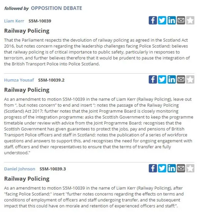 And here's the motion and amendments from the railway policing debate.