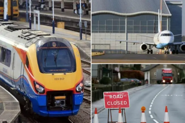 Train, aeroplane and road