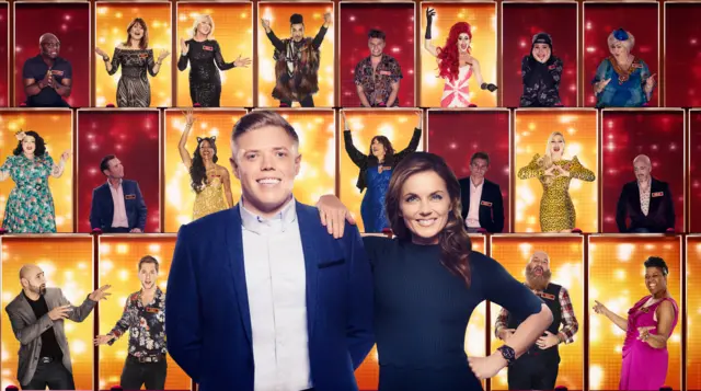 Presenter Rob Beckett with Geri Horner and "the 100"