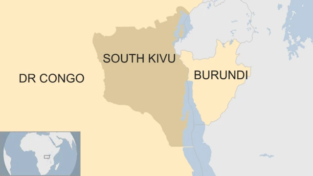 A map showing the location of South Kivu in DR Congo and Burundi