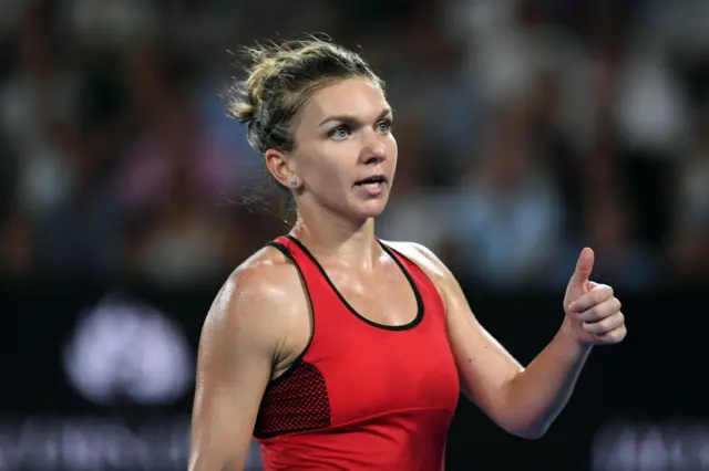 Simona Halep of Romania reacts