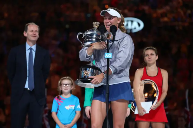 Caroline Wozniacki of Denmark receives the Daphne Akhurst Memorial Cup