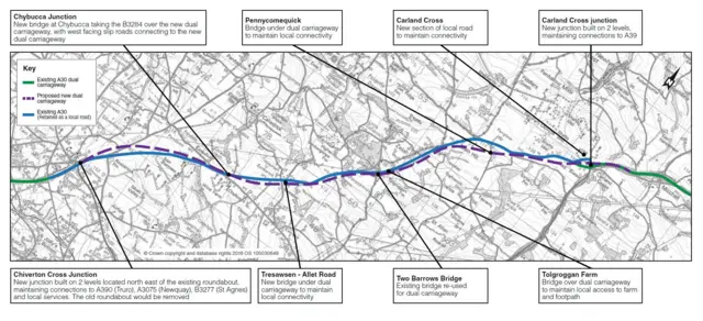 Road route of proposed new A30 dual carriagway