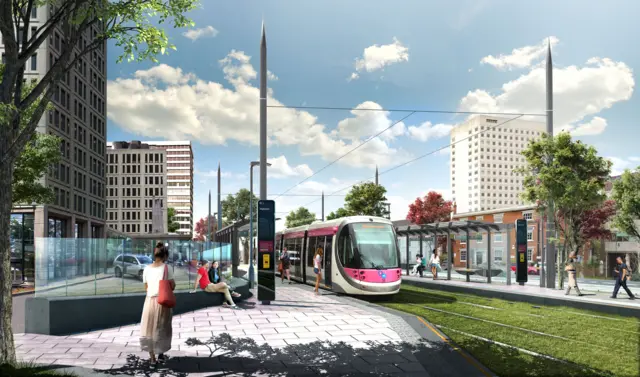 Artist impression of trams on Hagley Road, Birmingham, expected 2021