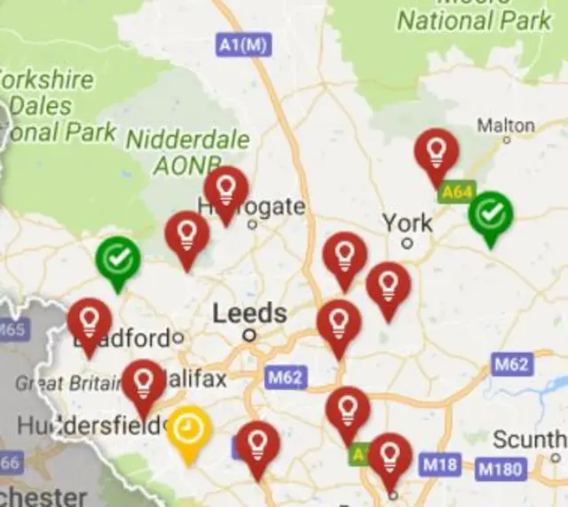 Map of power cuts across Yorkshire