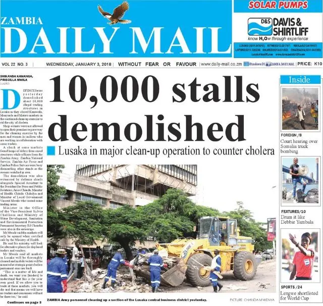 Front page of the Zambia Daily Mail