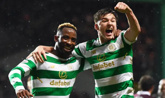 Moussa Dembele and Kieran Tierney celebrate goal number three for Celtic