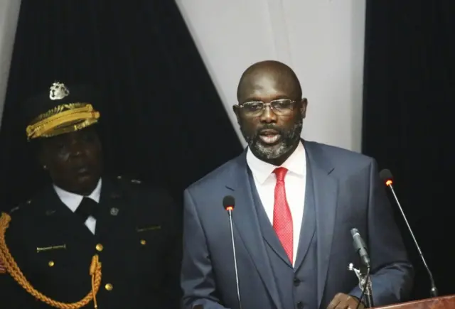 Liberian President George Weah speaks to legislators during his State of the Nation address at the joint chambers of the National Legislators in Monrovia, Liberia, 29 January 2018