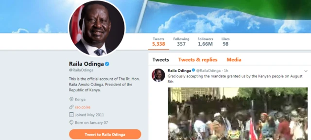 A screengrab from Raila Odinga's Twitter account