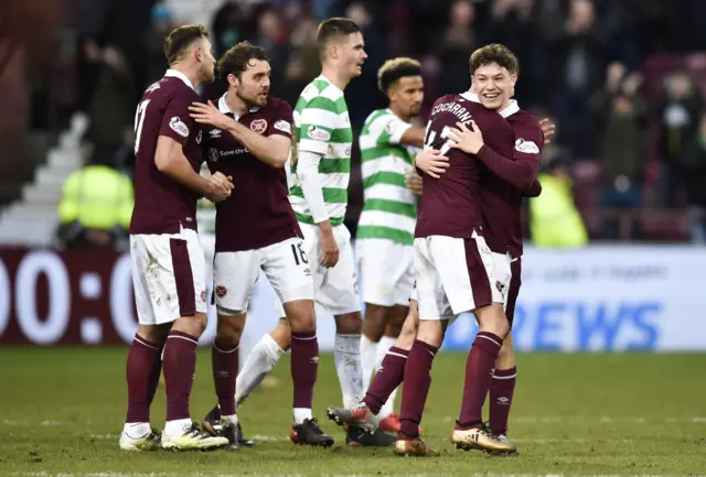 Hearts celebrate their 4-0 win over Celtic in Edinburgh last month