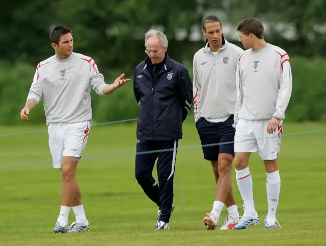 Former England manager Sven-Goran Eriksson (second left) with Frank Lampard (left), Rio Ferdinand (second from right) and Steven Gerrard