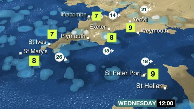 Weather map of Devon and Cornwall