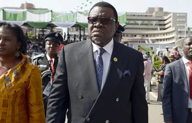 Namibian President Hage Geingob arrives on May 29, 2015 to attend the inauguration ceremony of the Nigerian president at Eagles Square in Abuja.