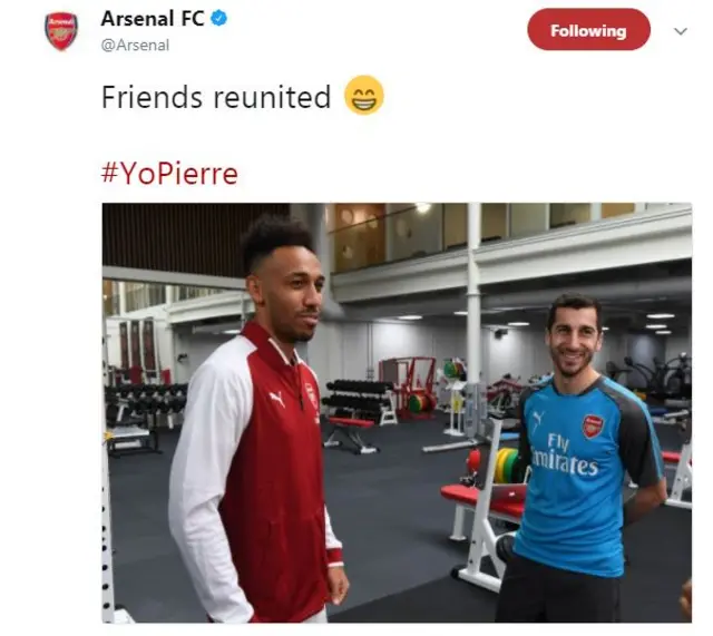 Arsenal tweet with Aubameyang and Mkhitaryan