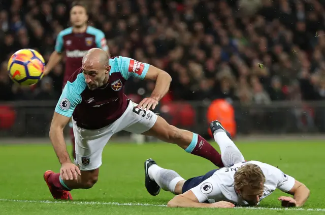 Pablo Zabaleta challenges Harry Kane