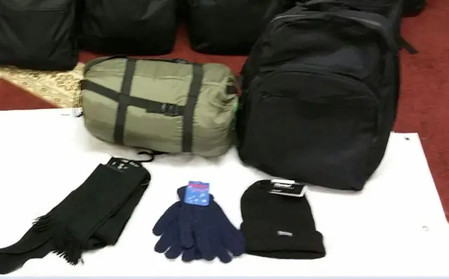 Sleeping bags, gloves, hat and blanket for the homeless