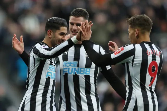 Perez celebrates scoring for Newcastle against Luton