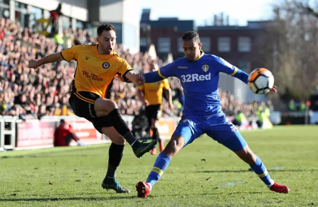 Cameron Borthwick-Jackson fails to block a cross for Leeds against Newport