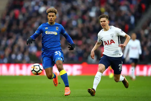 AFC Wimbledon's Lyle Taylor and Juan Foyth of Tottenham Hotspur