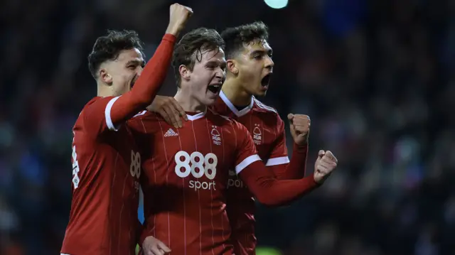 Nottingham Forest celebrate their fourth goal.