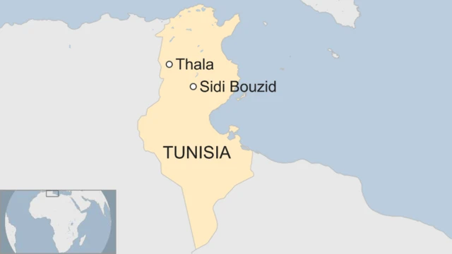 Map showing location of the towns Thala and Sidi Bouzid in Tunisia.