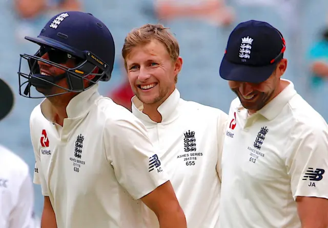 Joe Root, Alastair Cook and James Anderson