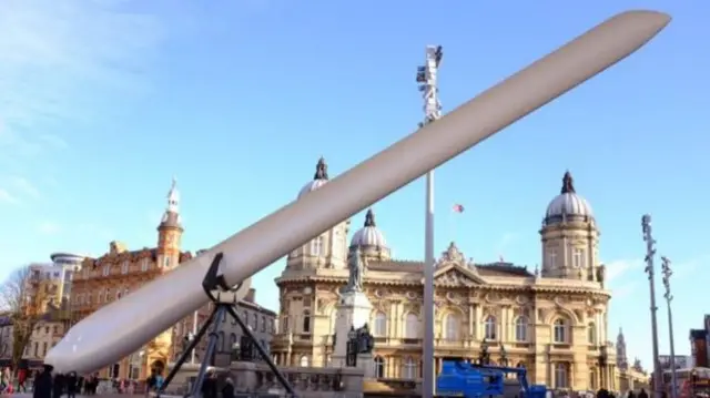 The wind turbine blade in Hull's Queen Victoria Square.