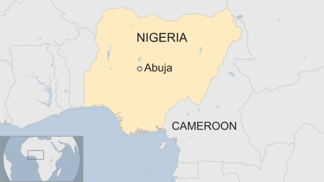 A map showing the location of Abuja, Nigeria, relative to Cameroon.