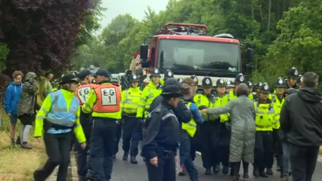 Police and protesters at Balcombe