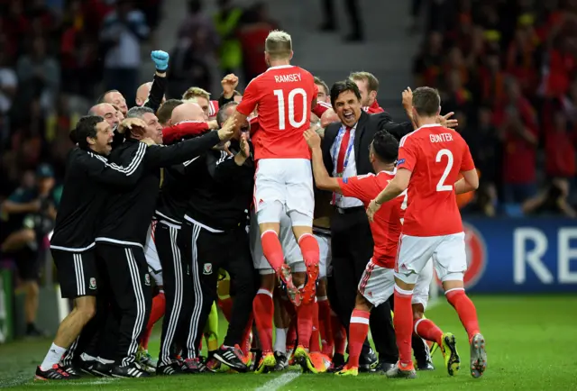 Chris Coleman celebrates a Wales goal at Euro 2016