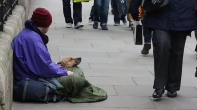 Homeless man and dog on street