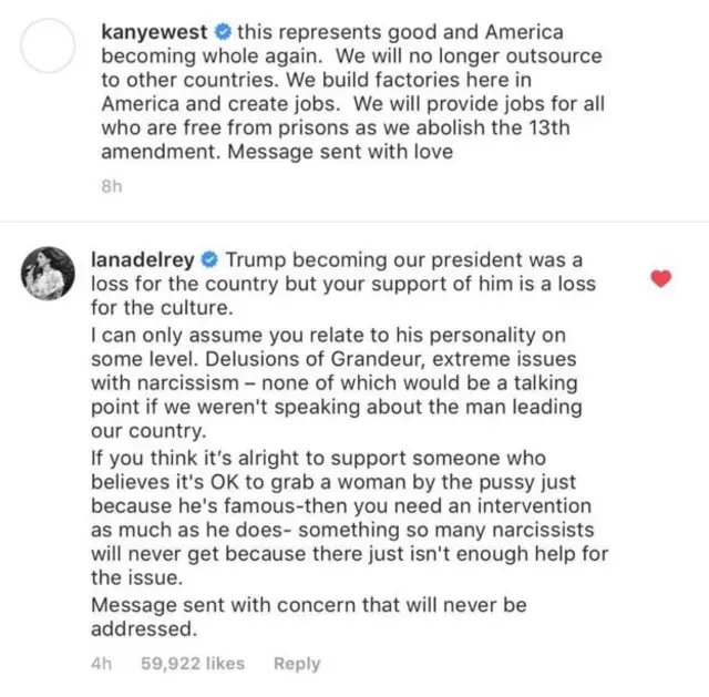 Lana Del Rey responds to Kanye West on Instagram