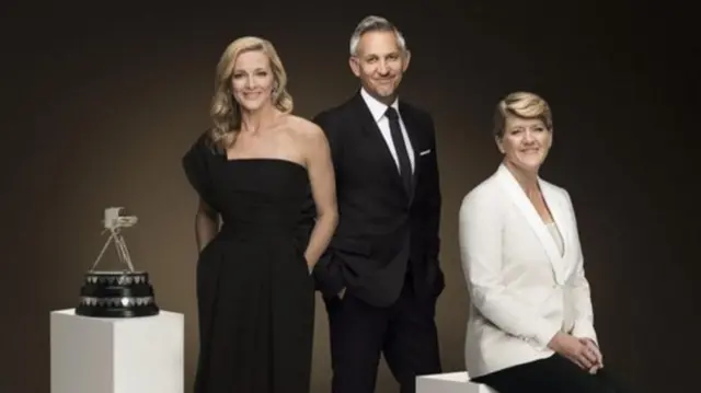 Gabby Logan, Gary Lineker and Clare Balding with trophy