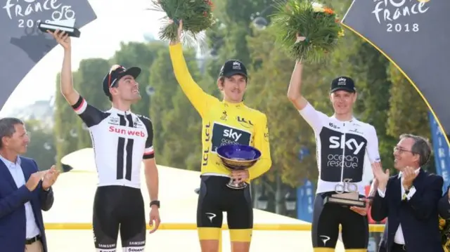 Geraint Thomas on the Champs-Elysees after winning this year's Tour de France