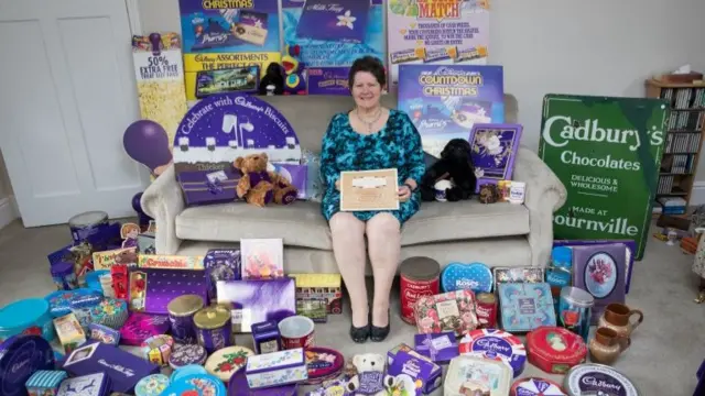Gill Cocks from Gloucestershire amongst her Cadbury merchandise collection