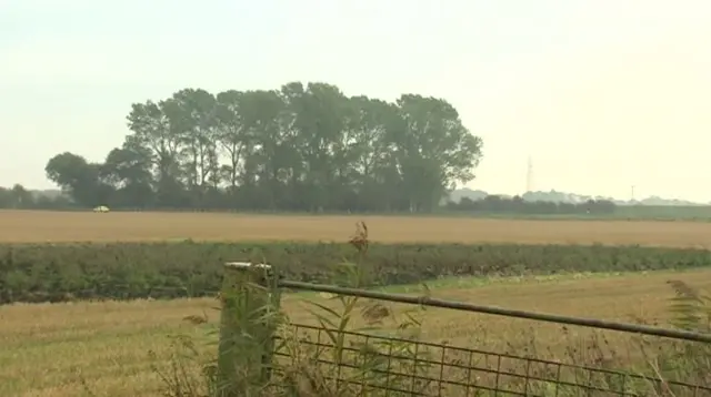 The field with a police car in the distance