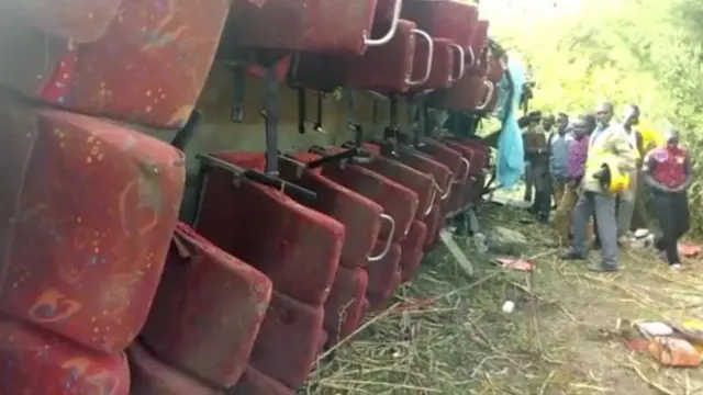 Bus lying on its side