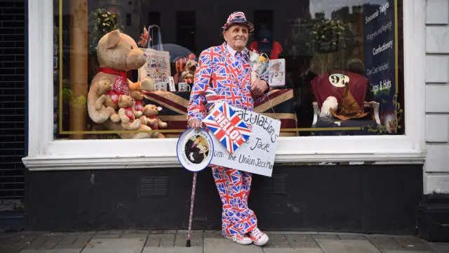 Terry Hutt dresseed up in the Union Jack flag