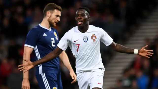 Bruma celebrates scoring against Scotland