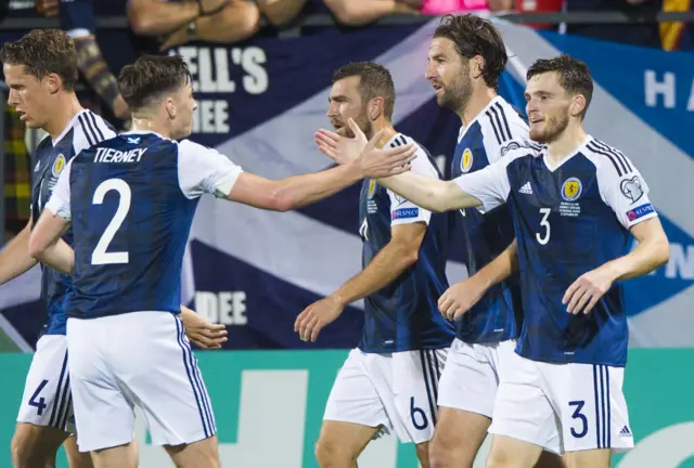 Kieran Tierney and Andy Robertson celebrate with Scotland