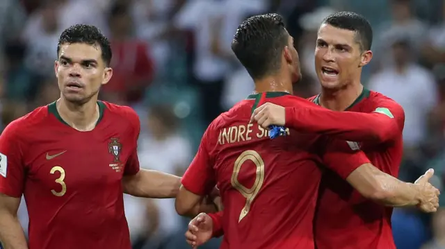 Pepe, Andre Silva and Ronaldo celebrate for Portugal