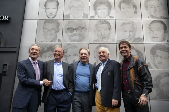 Des O Connor, Tommy Steele, Lord Webber, Cliff Richard and Jimmy Tarbuck