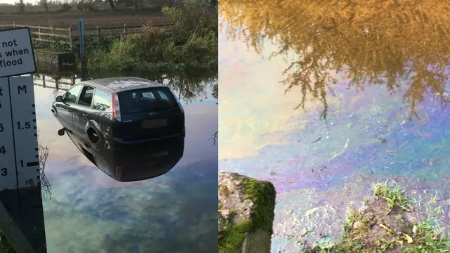 Car in ford and then photo of oil skim on water