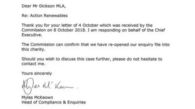 A letter from the Charity Commission to Stewart Dickson